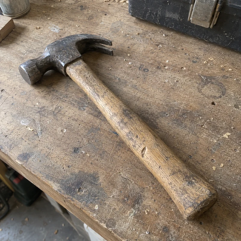 Studio concept: a worn wooden-handled claw hammer on a workbench