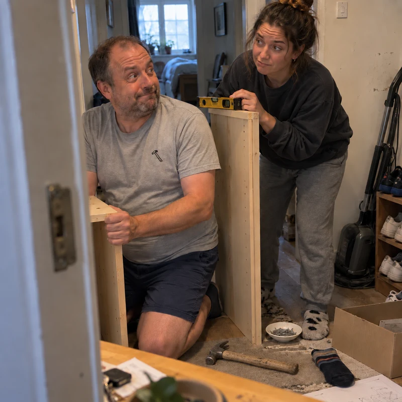 Studio concept: a father and daughter assembling a shelf, his wooden-handled hammer matching the small embroidery on his tee