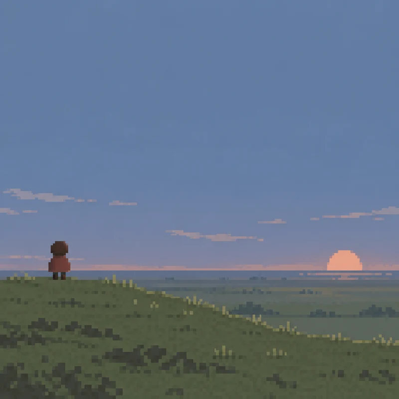 Studio concept: an imagined pixel-game traveller watching a setting sun