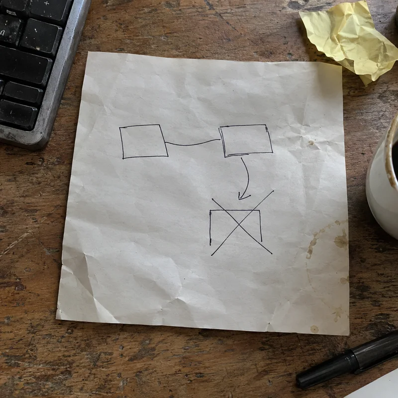 Studio concept: source photograph of an abandoned work sketch with crossed-out unfinished box