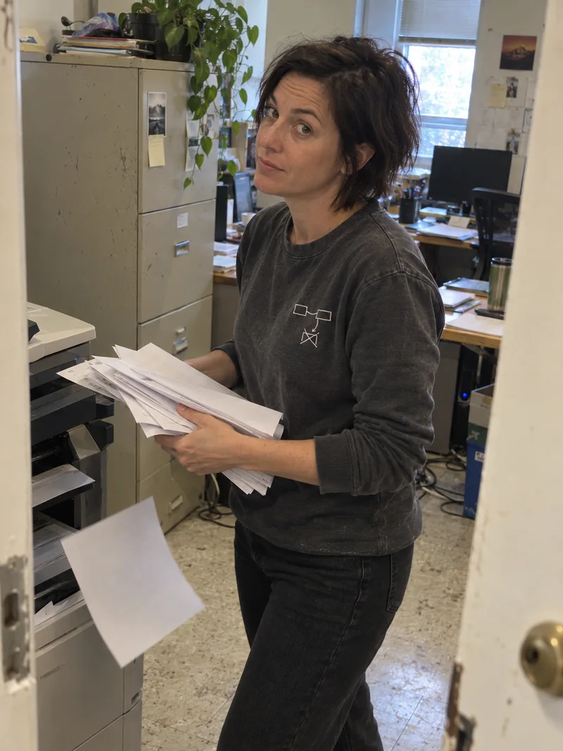 Studio concept: a tired office worker juggling papers with a small abandoned diagram stitched on her charcoal top
