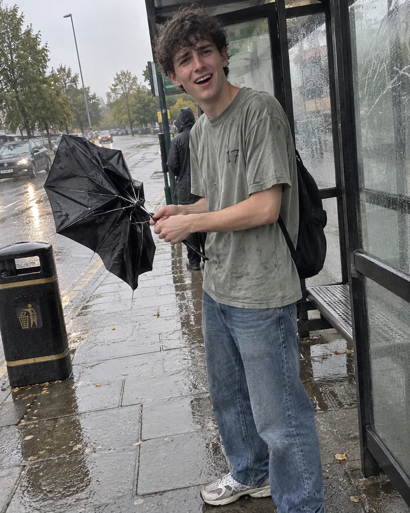 Studio concept: a commuter folding an inside-out umbrella with a small 17 embroidered on his tee