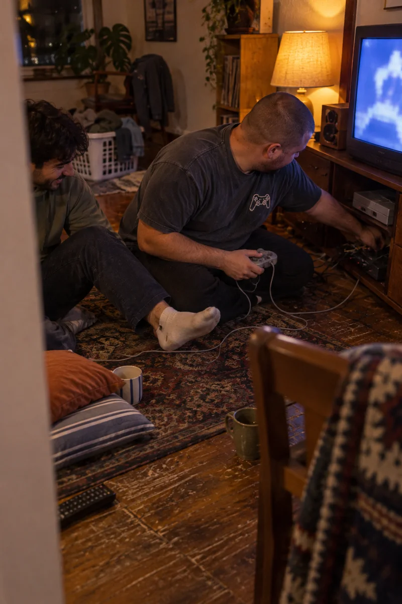 Studio concept: friends reconnecting a game controller in a cluttered living room