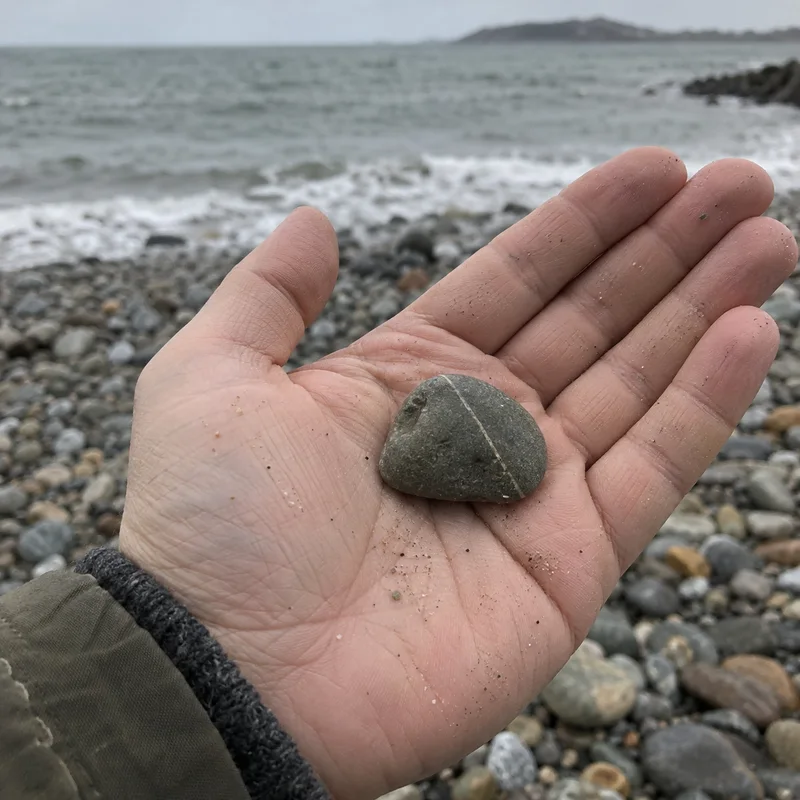 Studio concept: a plain grey-green pebble in a sandy palm at a beach