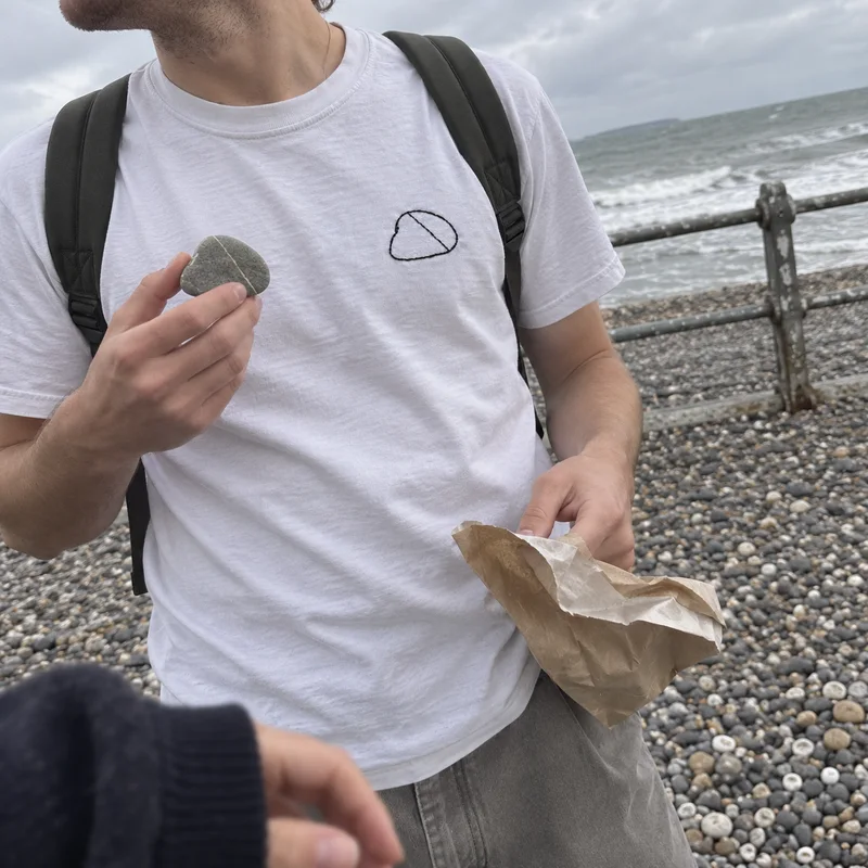 Studio concept: a cropped windy beach snapshot, a hand holding the pebble near its embroidered outline