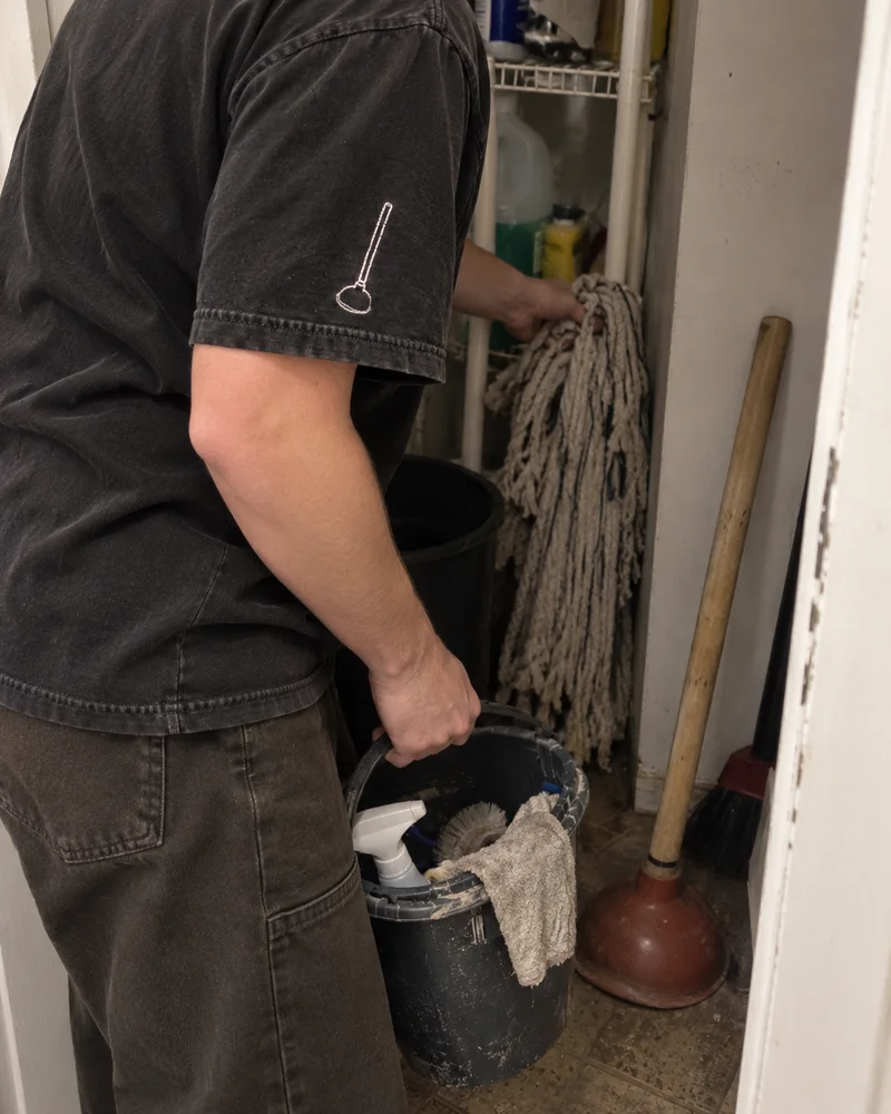 Studio concept: a cropped everyday cleaning-cupboard moment with tiny plunger sleeve embroidery