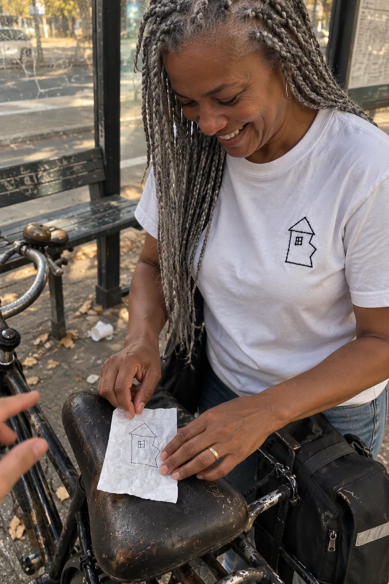 Studio concept: a candid street-side moment flattening a doodled receipt across a bicycle saddle
