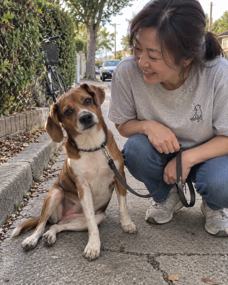 Studio concept: a dog refusing to walk while its owner crouches with a slack leash