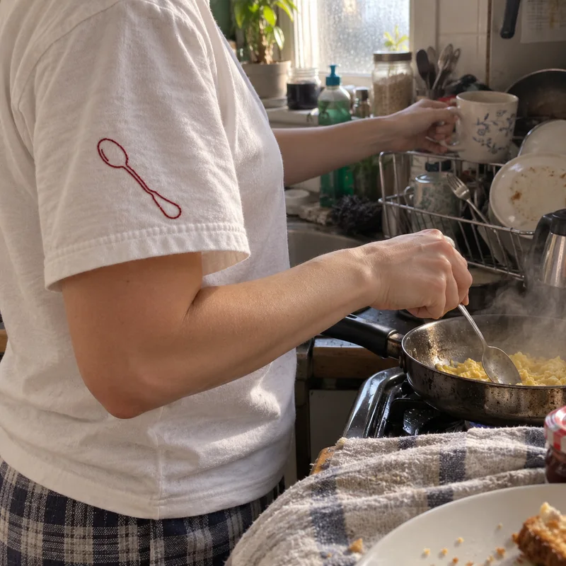 Studio concept: an unposed kitchen cooking moment with spoon embroidery on a moving sleeve