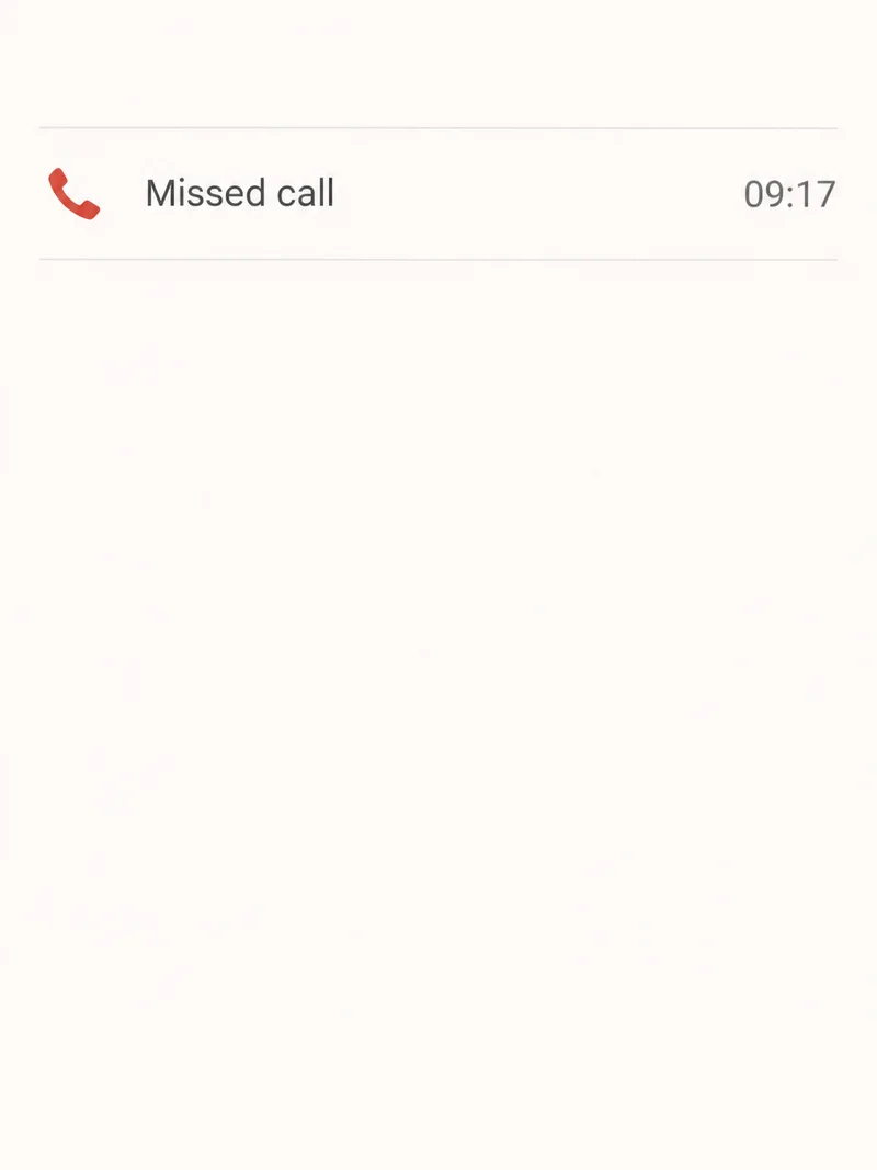 Studio concept: a minimal missed-call record showing exactly 09:17 with no contact details