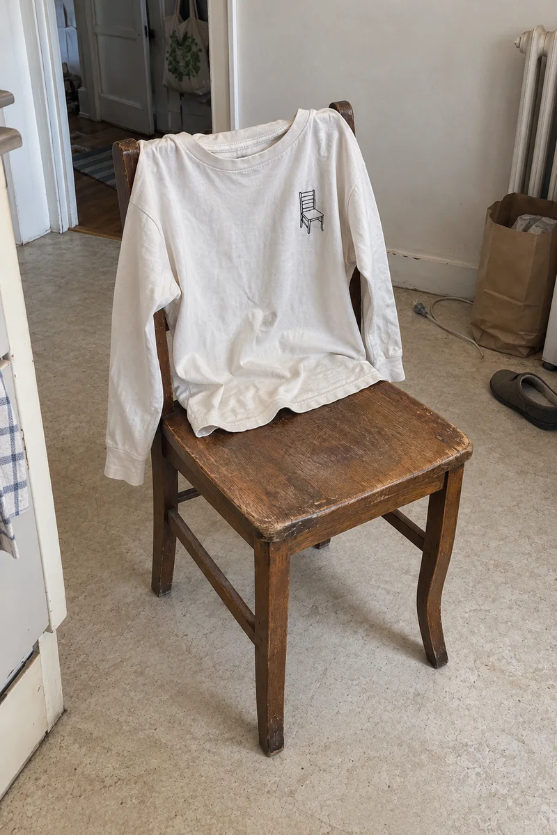 Studio concept: an off-white embroidered long-sleeve top draped over the same old chair in a lived-in flat