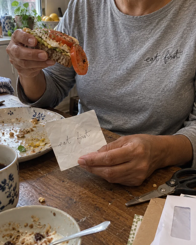Studio concept: cropped hands and torso at breakfast, holding the note and toast beside matching handwriting embroidery