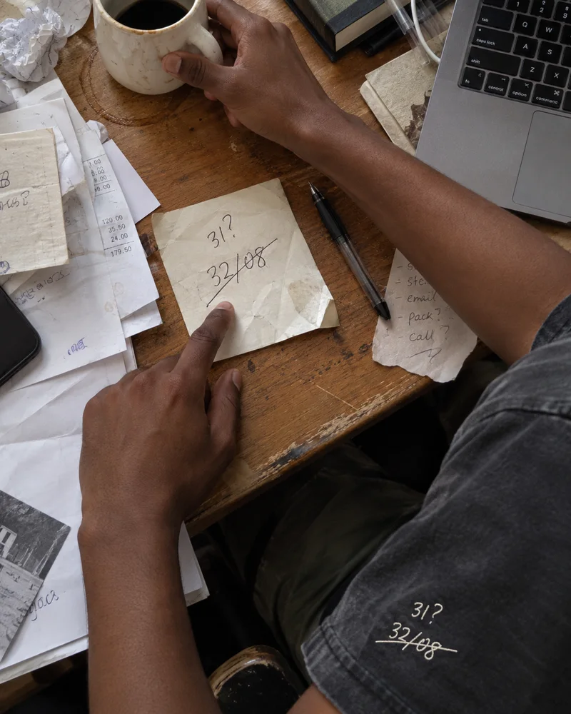 Studio concept: overhead hands at a cluttered desk, with the wrong date embroidered on a sleeve