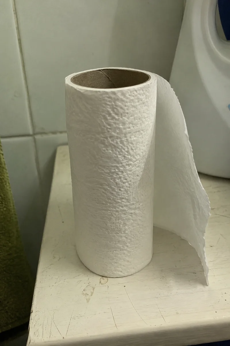 Studio concept: an ordinary toilet roll on a worn bathroom shelf