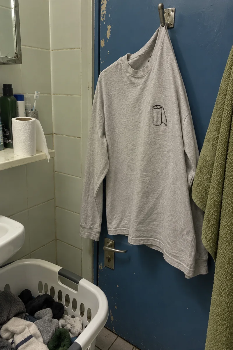 Studio concept: a grey embroidered long-sleeve top hanging on a chipped bathroom door