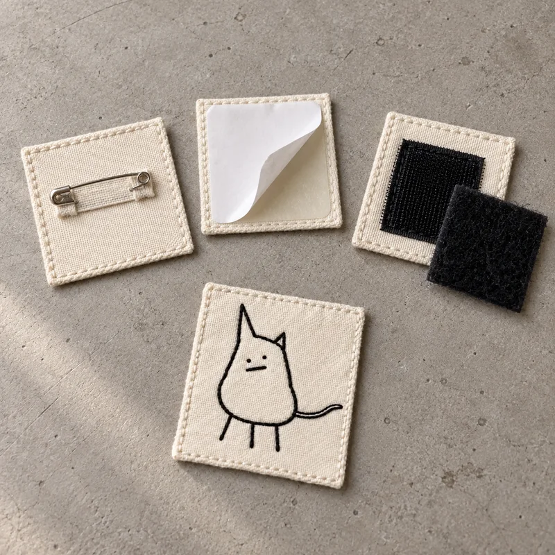 Studio concept: pin, self-adhesive and hook-and-loop backing examples