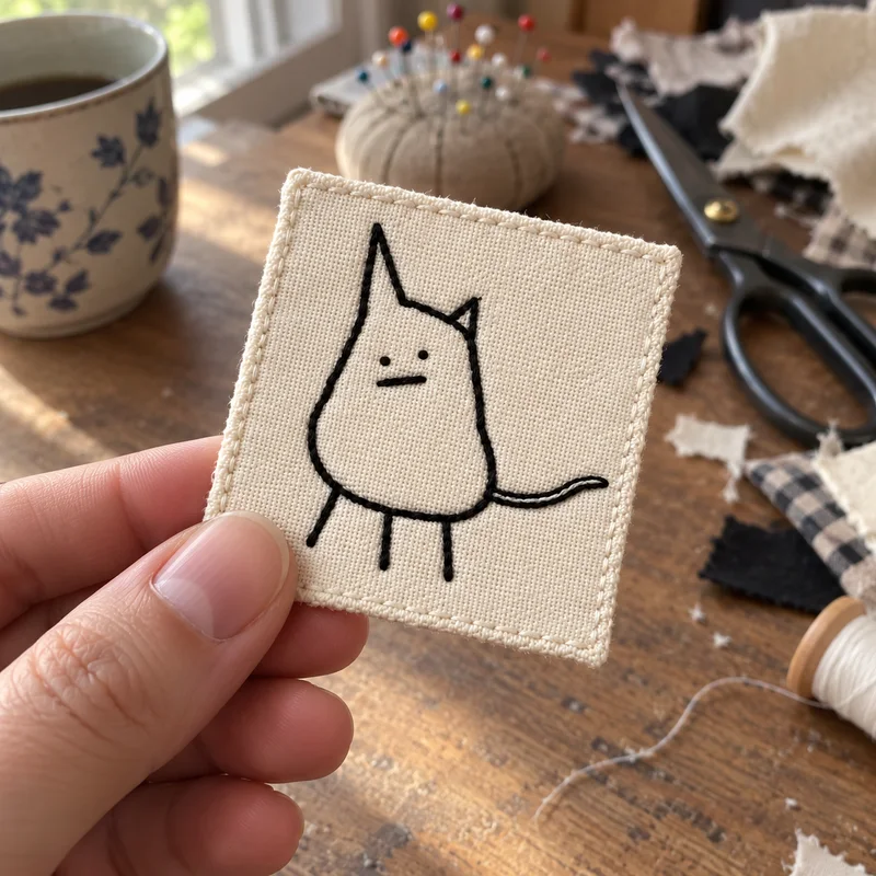 Studio concept: a small cat patch held in a hand for scale