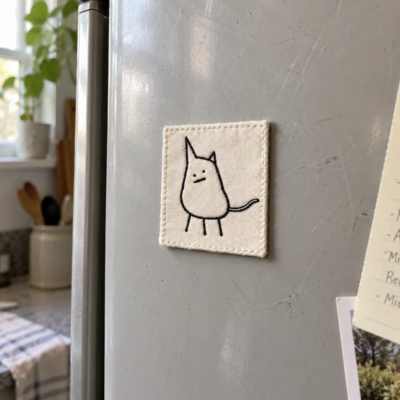 Studio concept: a magnetic cat patch on a kitchen fridge