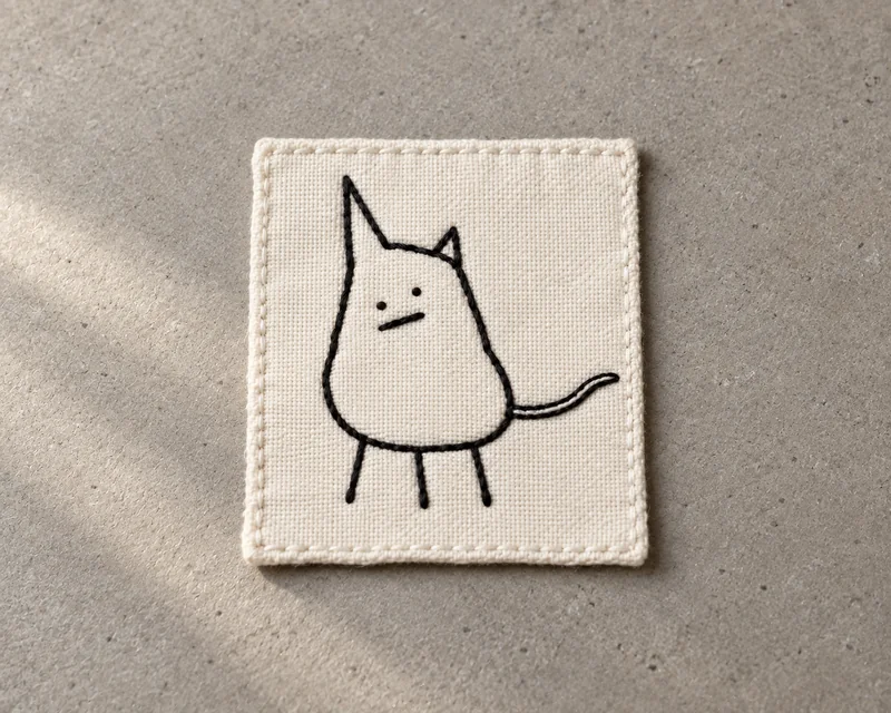 Studio concept: front of a cream patch with a simple cat embroidered in black