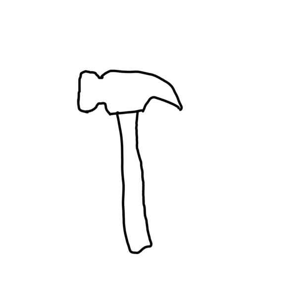 A minimalist black line drawing of a claw hammer, custom embroidery design for Blnk burnout aesthetic apparel.