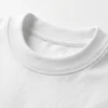 Close-up of the thick ribbed collar on a Blnk heavyweight combed cotton white t-shirt.