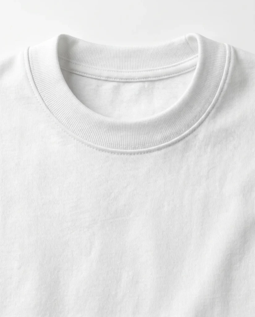 Close-up of the thick ribbed collar on a Blnk heavyweight combed cotton white t-shirt.