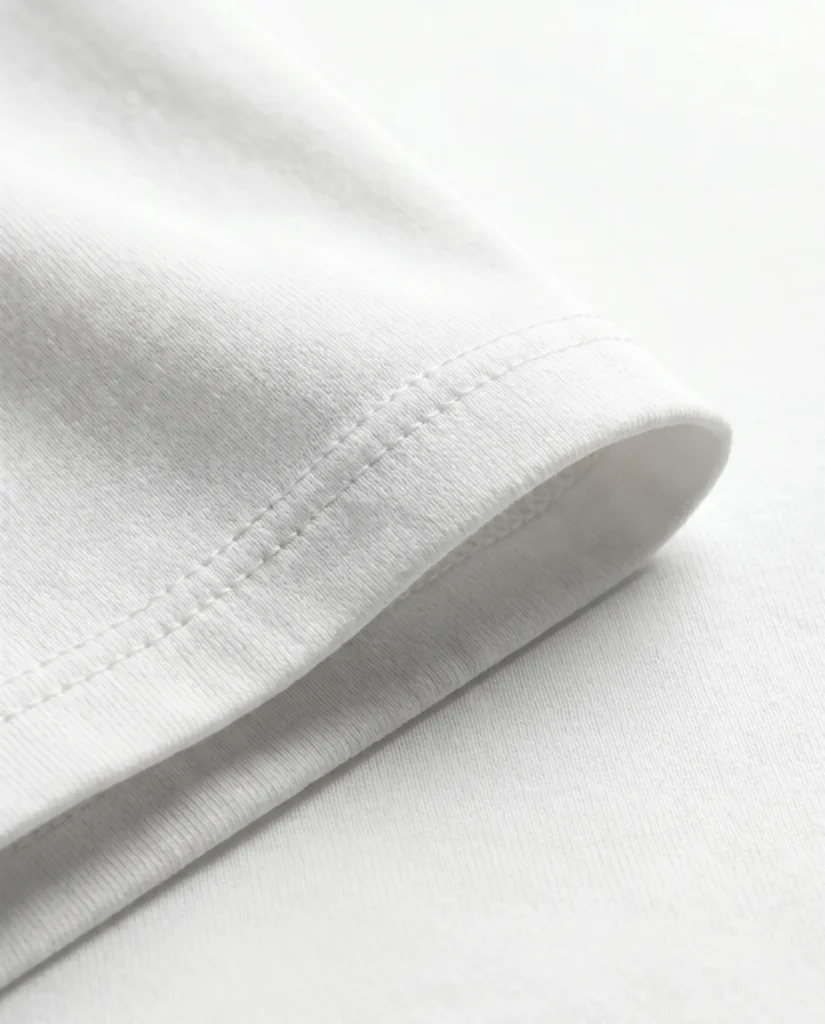 Double-stitched sleeve cuff detail of the Blnk premium oversized blank t-shirt in white.