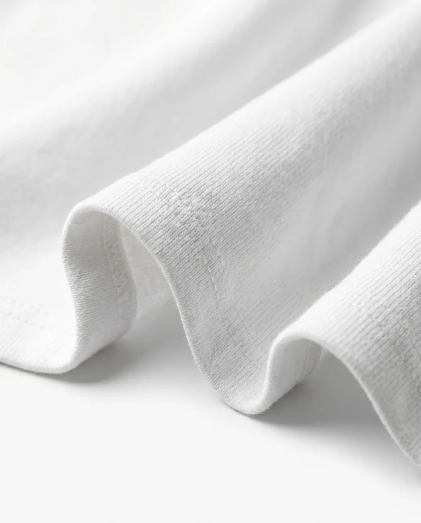 Macro shot of the double-stitched hem on a heavyweight white cotton t-shirt, emphasizing fabric texture and construction.