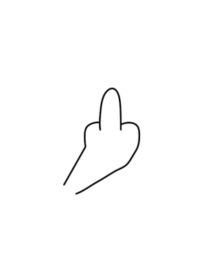 A simple minimalist black line sketch of a hand showing the middle finger, used as an expressive embroidery pattern.