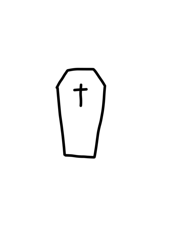 Minimalist deadpan doodle of a coffin with a cross, representing the corporate zombie aesthetic for custom t-shirt embroidery.